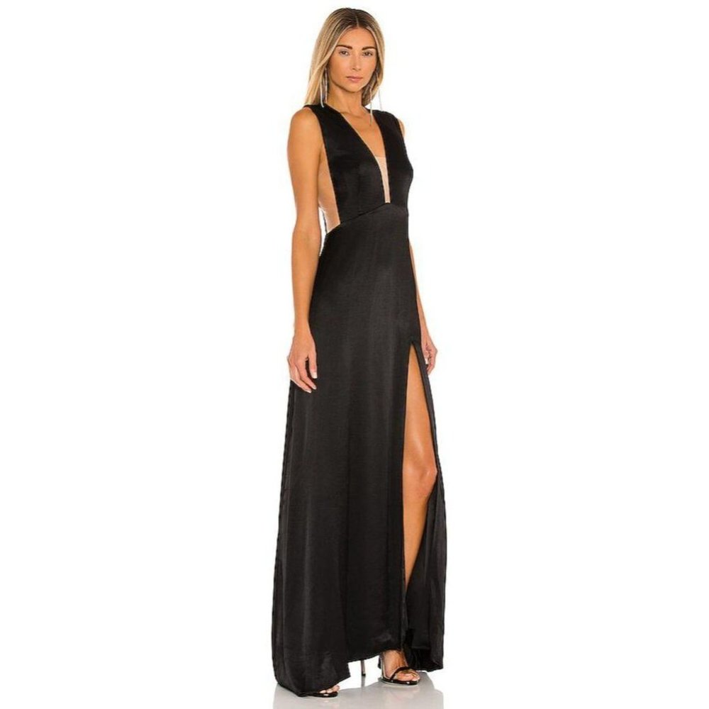 Sau Lee Genevie Black Satin Sleeveless V-Neck Maxi Gown New - Picture 2 of 15